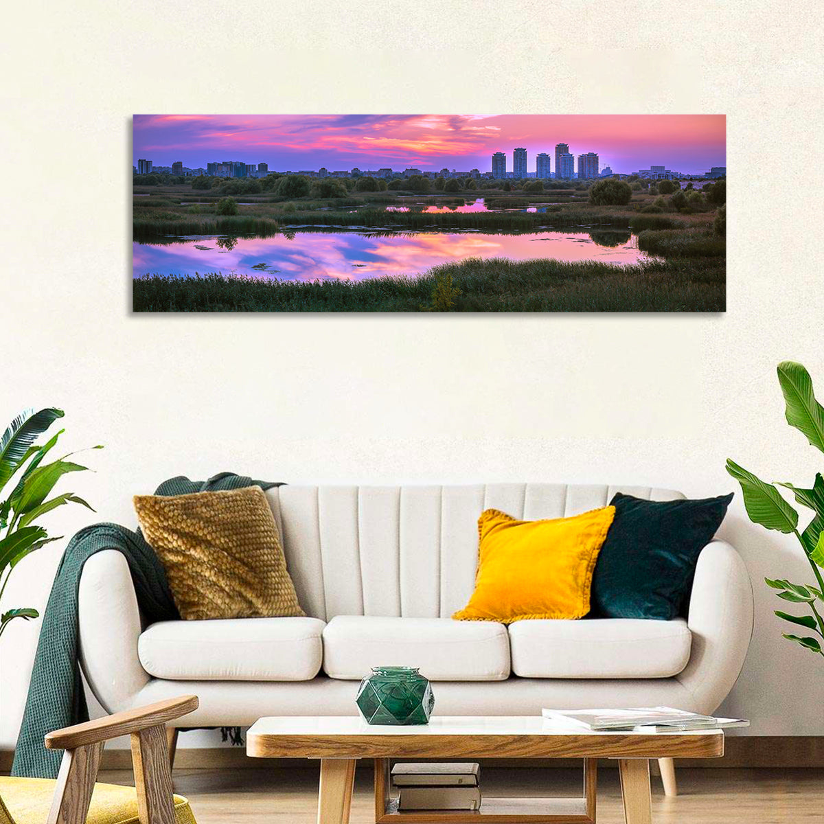 Vacaresti Park Sunset Reflection Wall Art in a room, panoramic