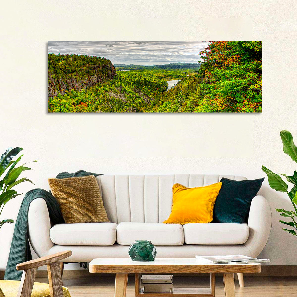 Ouimet Canyon Autumn View Wall Art in a room, panoramic