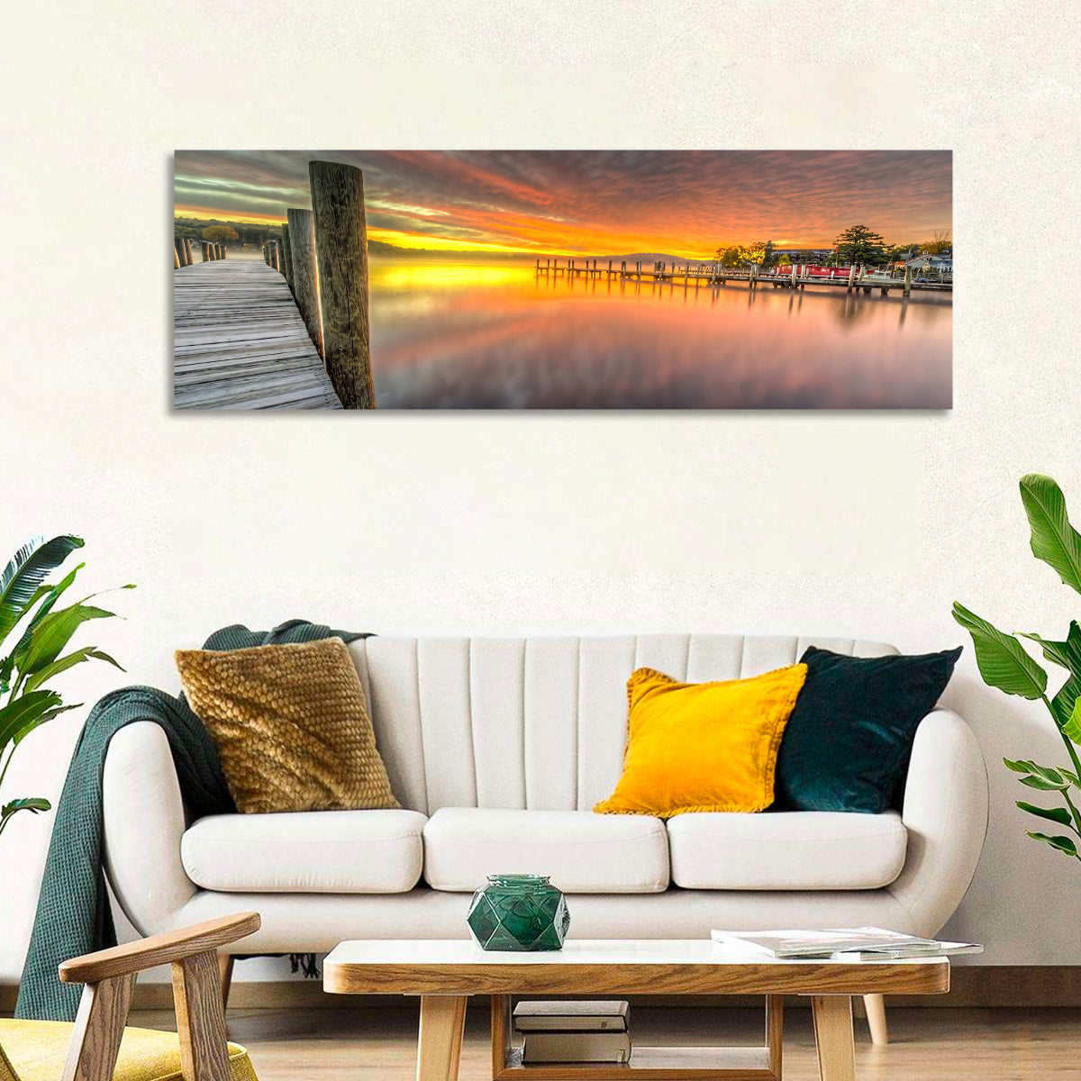 Meredith Bay Pier at Sunrise Wall Art in a room, panoramic
