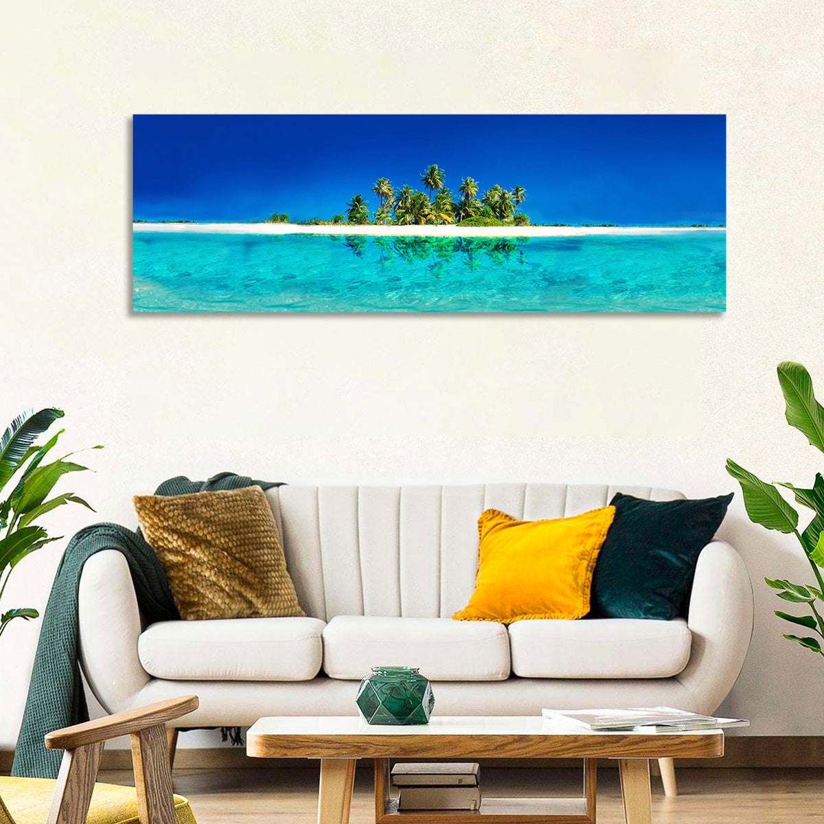 Tranquil Split-level Tropical Island Seascape Wall Art in a room, panoramic