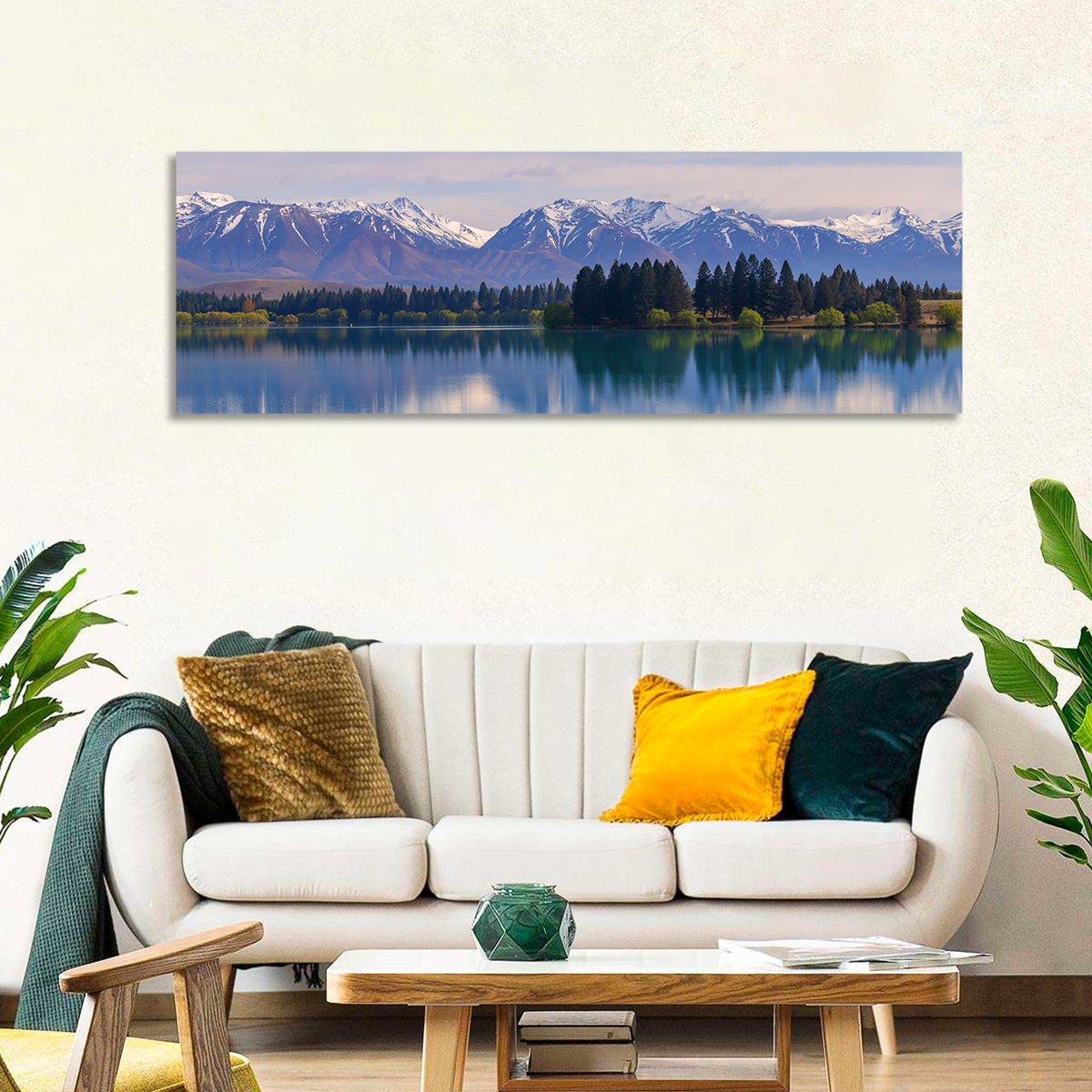 Ruataniwha Lake Reflection Wall Art in a room, panoramic