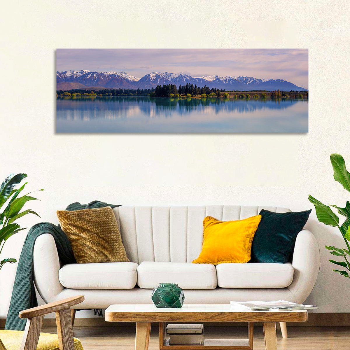 Lake Ruataniwha Reflection Wall Art in a room, panoramic