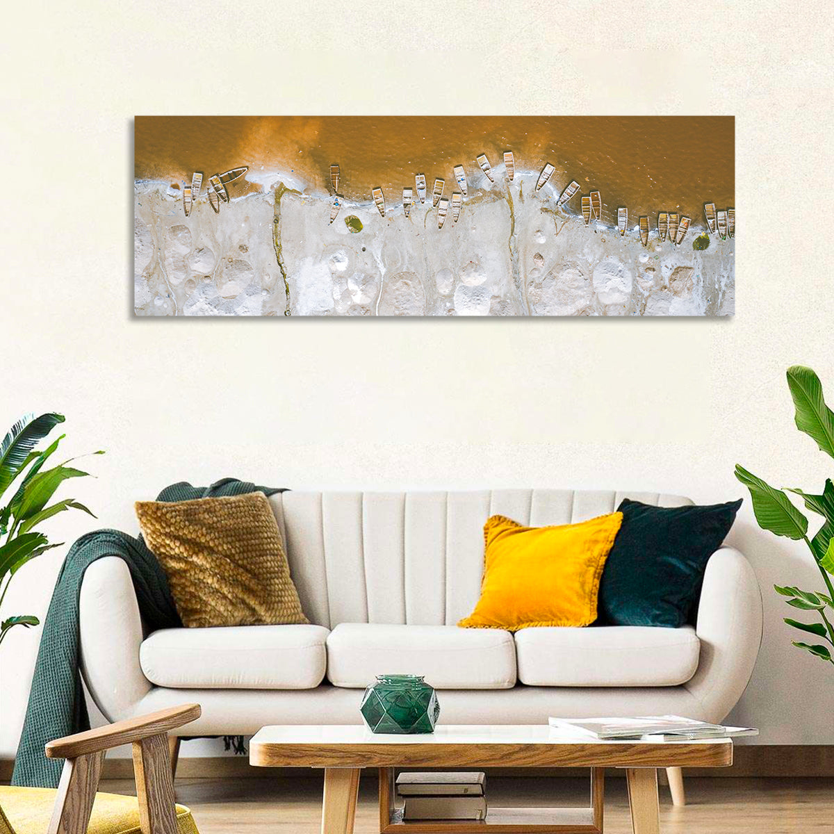 Lac Rose Salt Flats Senegal Wall Art in a room, panoramic