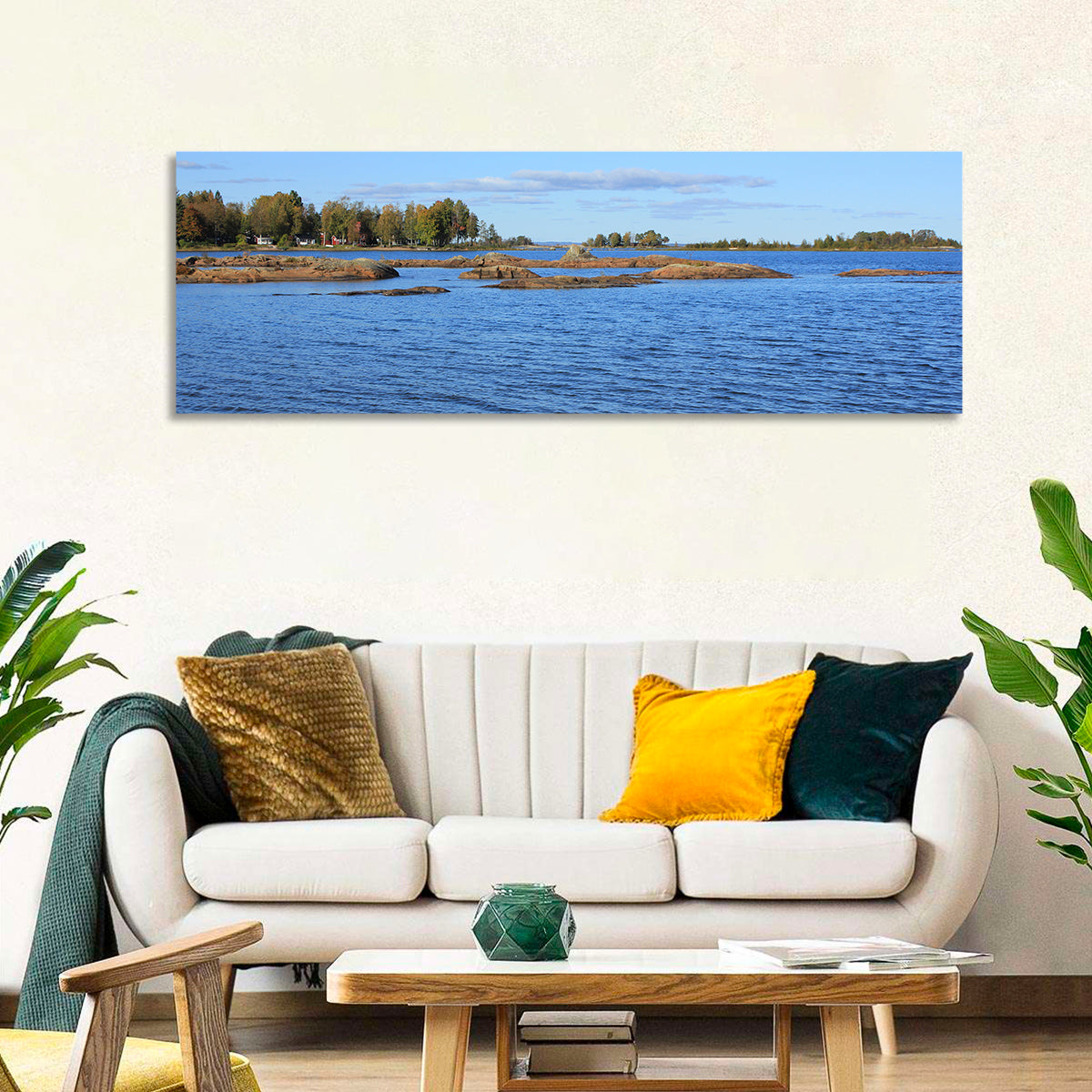 Lake Vanern Rocky Shoreline Wall Art in a room, panoramic