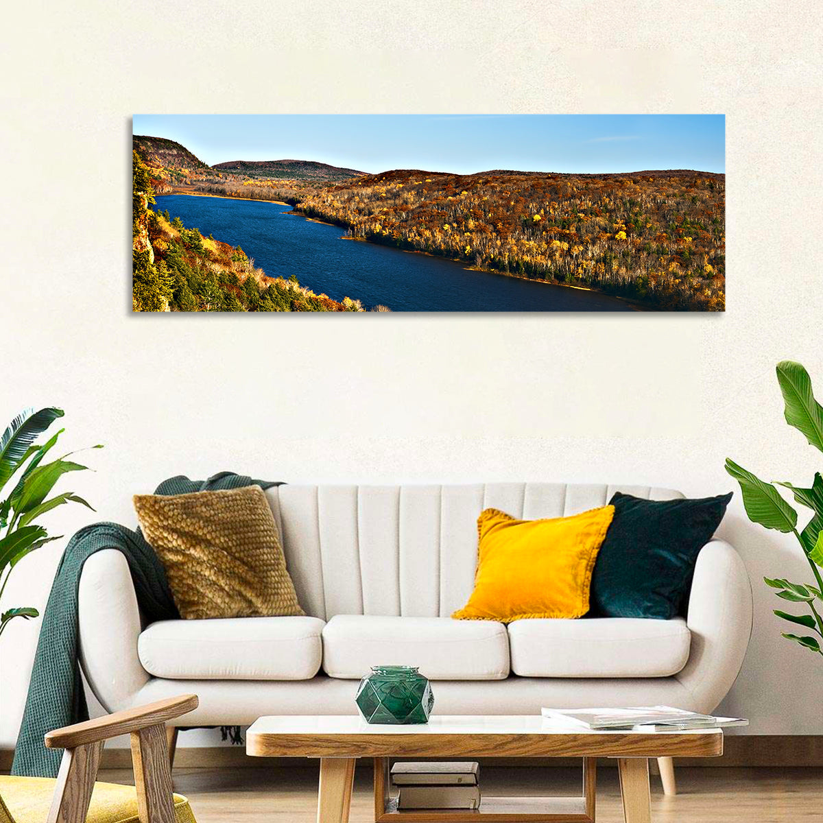 Lake of the Clouds Golden Hour Wall Art in a room, panoramic
