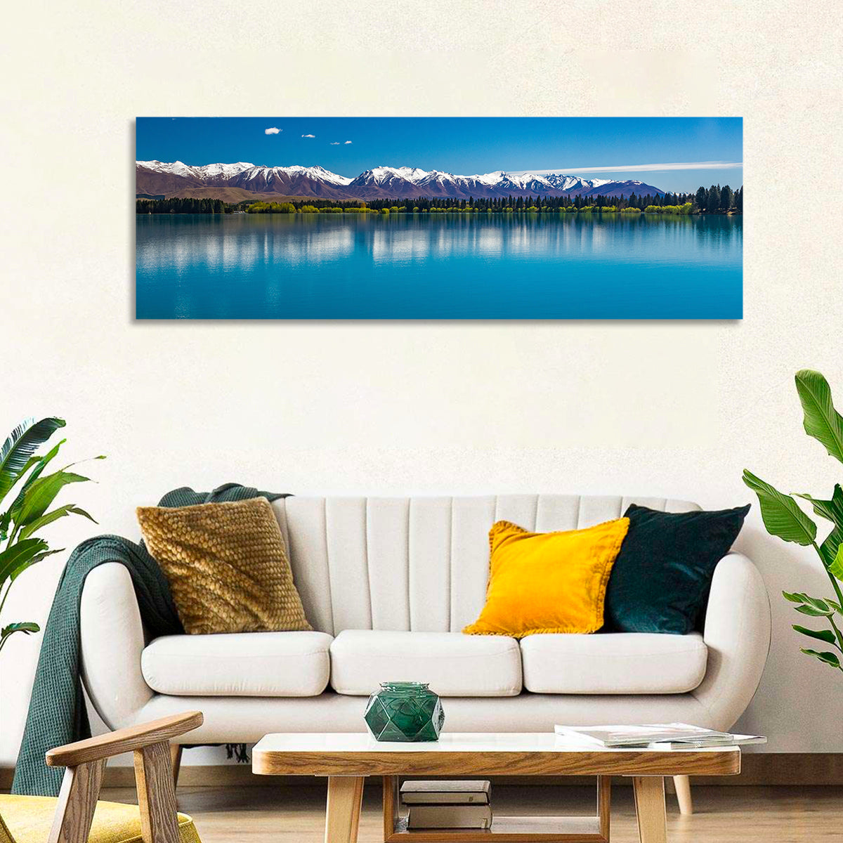 Lake Ruataniwha Reflection Wall Art in a room, panoramic