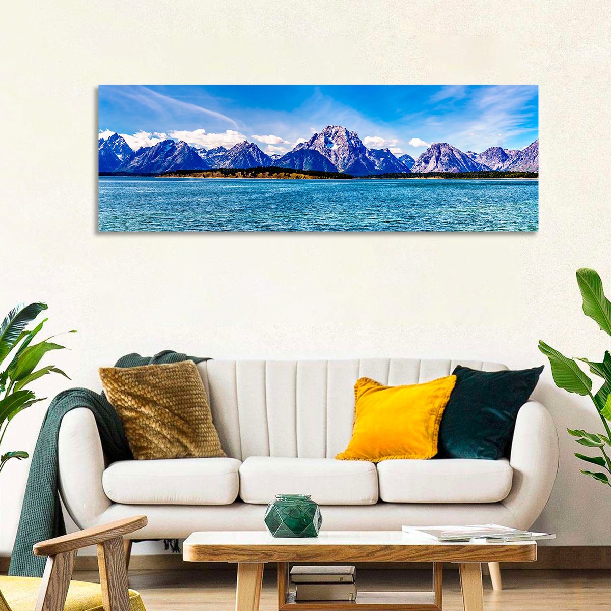 Mount Moran Over Jackson Lake Wall Art in a room, panoramic