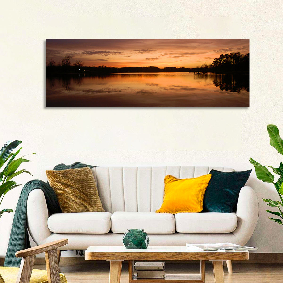 Lake Weiss Sunrise Reflection Wall Art in a room, panoramic