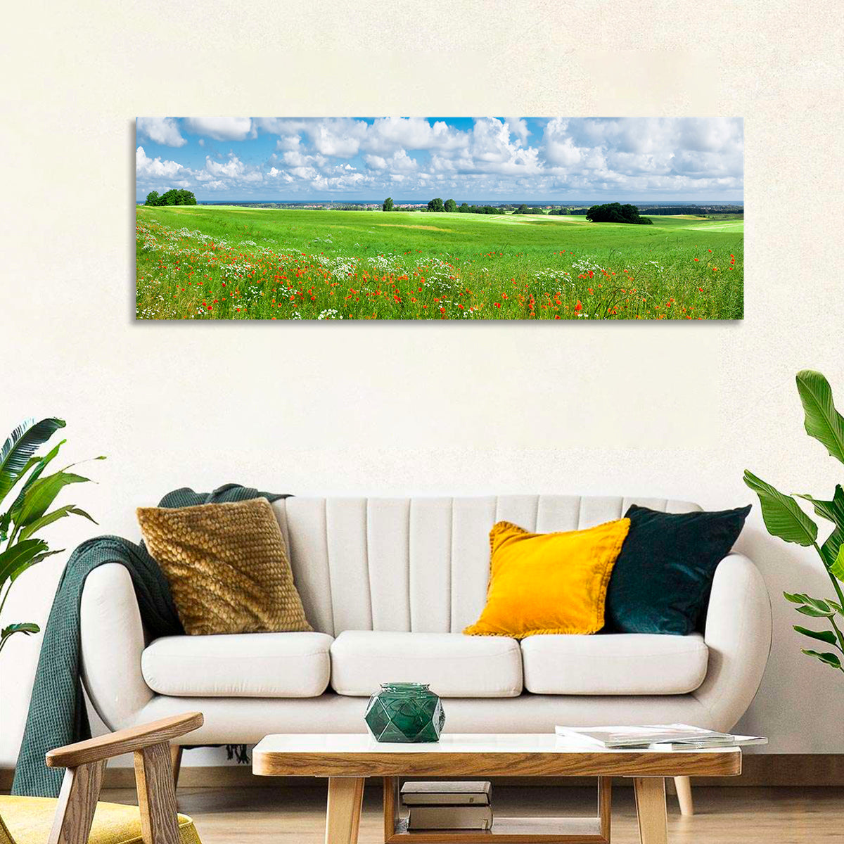 Summer Meadow with Poppies Wall Art in a room, panoramic