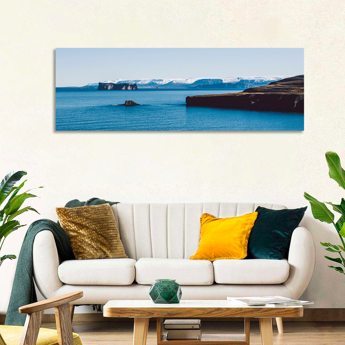 Calm Blue Lake with Coastal Cliffs Wall Art in a room, panoramic