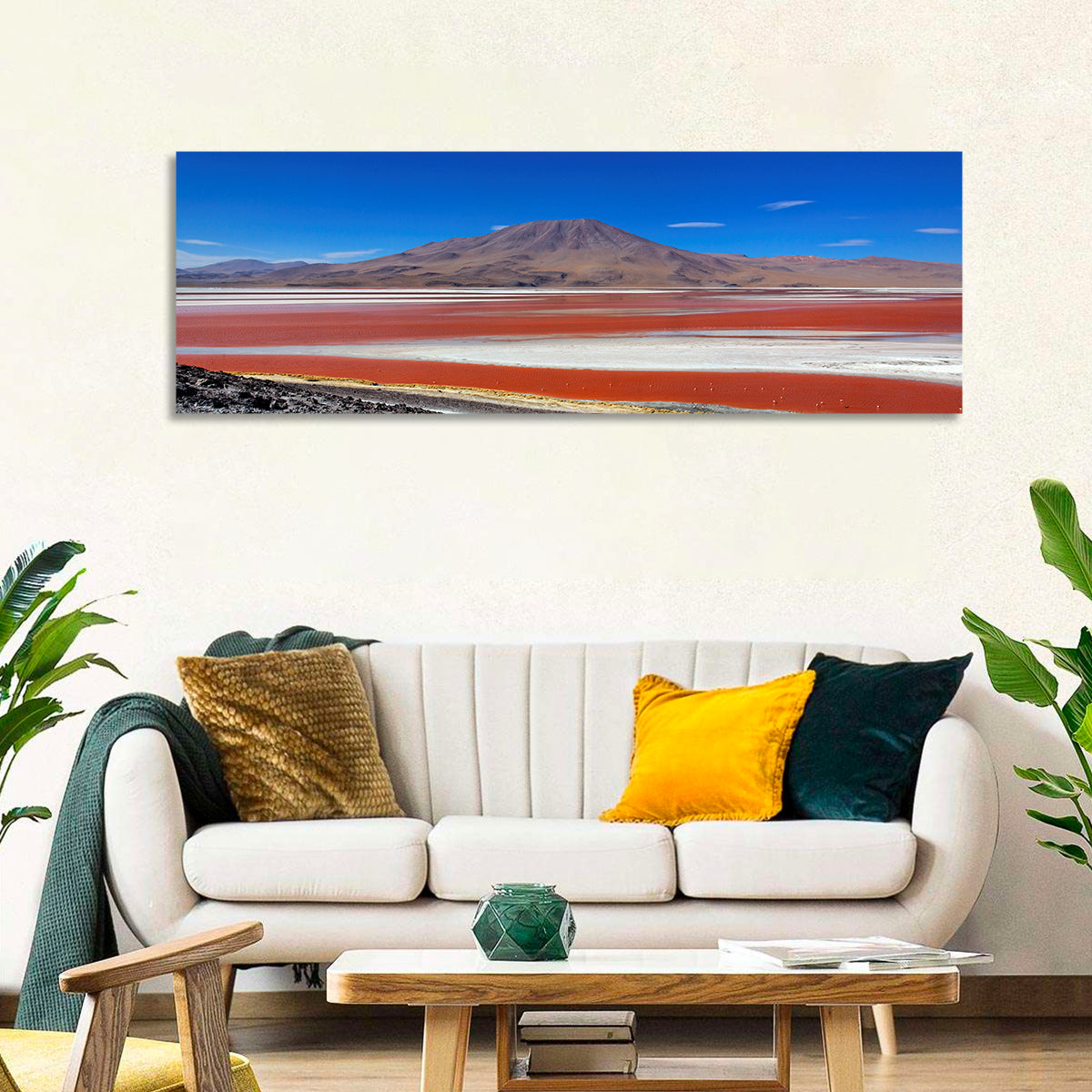 Laguna Colorada Red Lake Wall Art in a room, panoramic