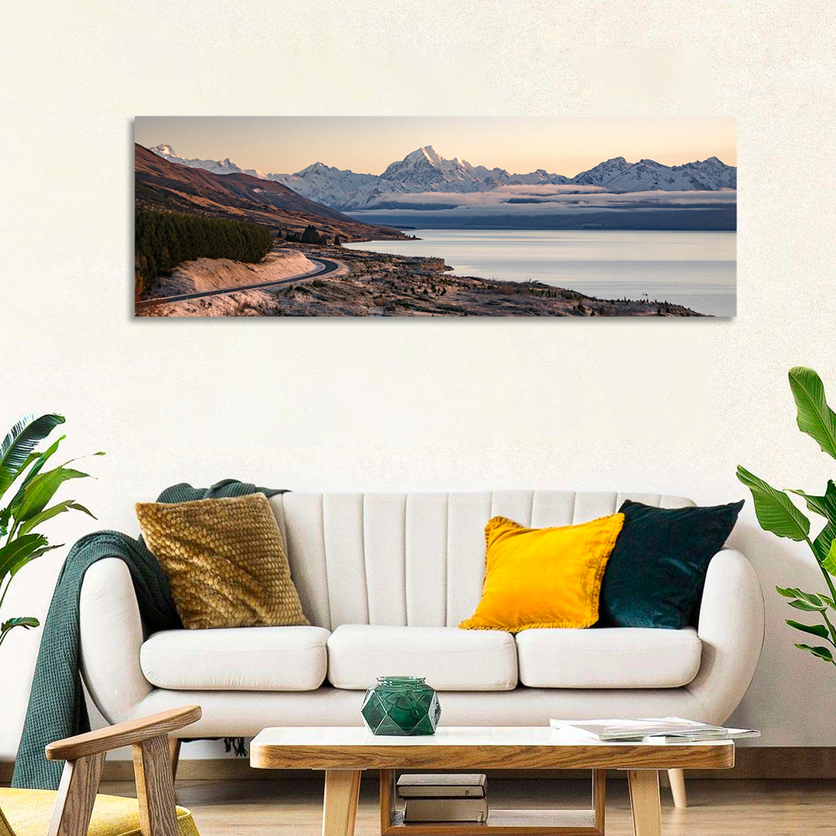 Mount Cook Over Lake Pukaki Wall Art in a room, panoramic