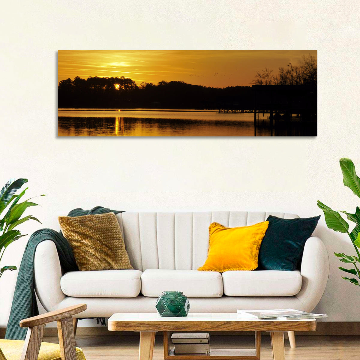 Lake Weiss Sunset Reflection Wall Art in a room, panoramic