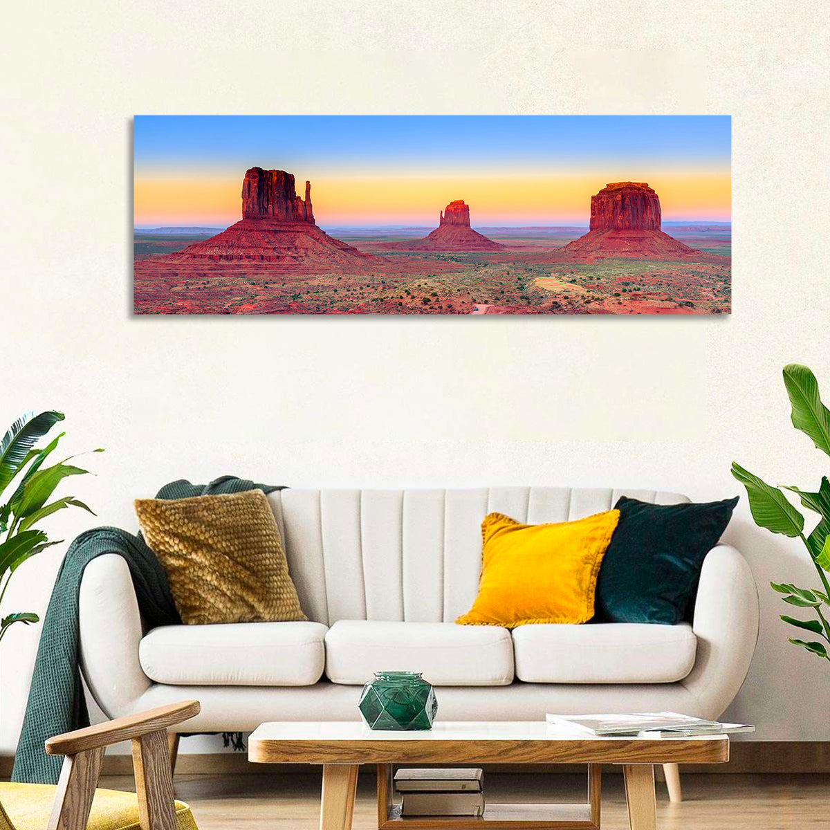 Monument Valley Sunset Vista Wall Art in a room, panoramic