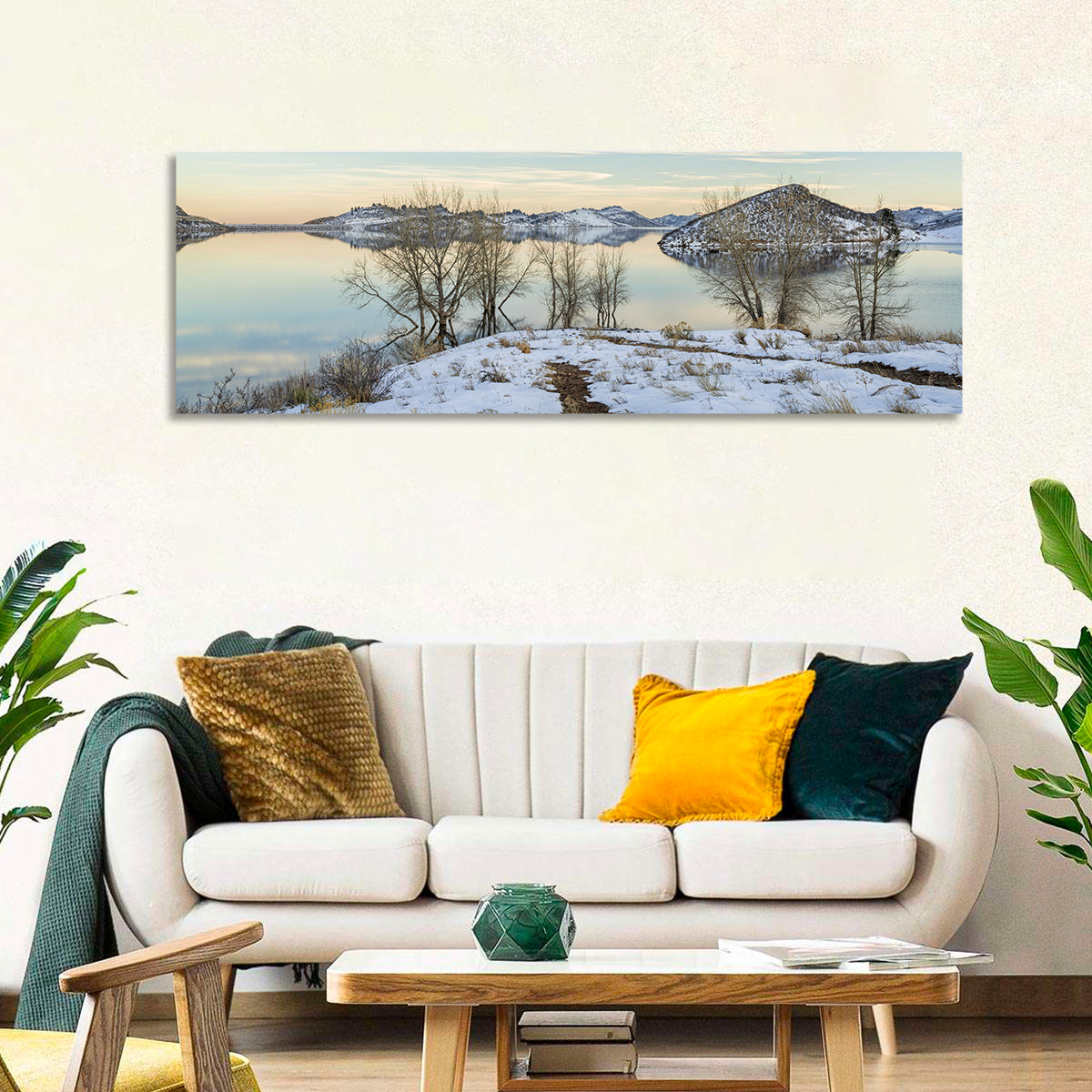 Horsetooth Reservoir Frozen Reflection Wall Art in a room, panoramic