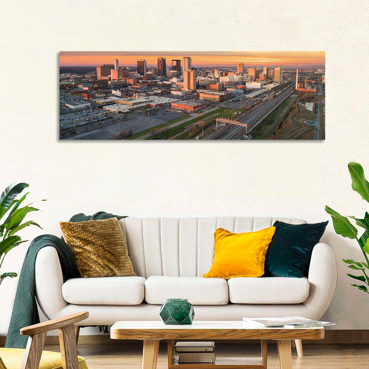 Birmingham Golden Hour Skyline Wall Art in a room, panoramic