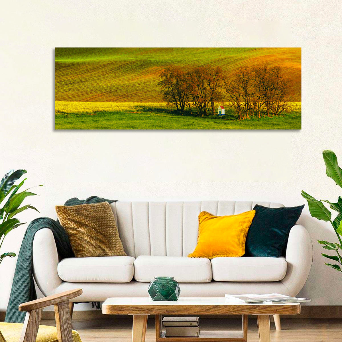 Moravian Wheat Fields with Chapel Wall Art in a room, panoramic