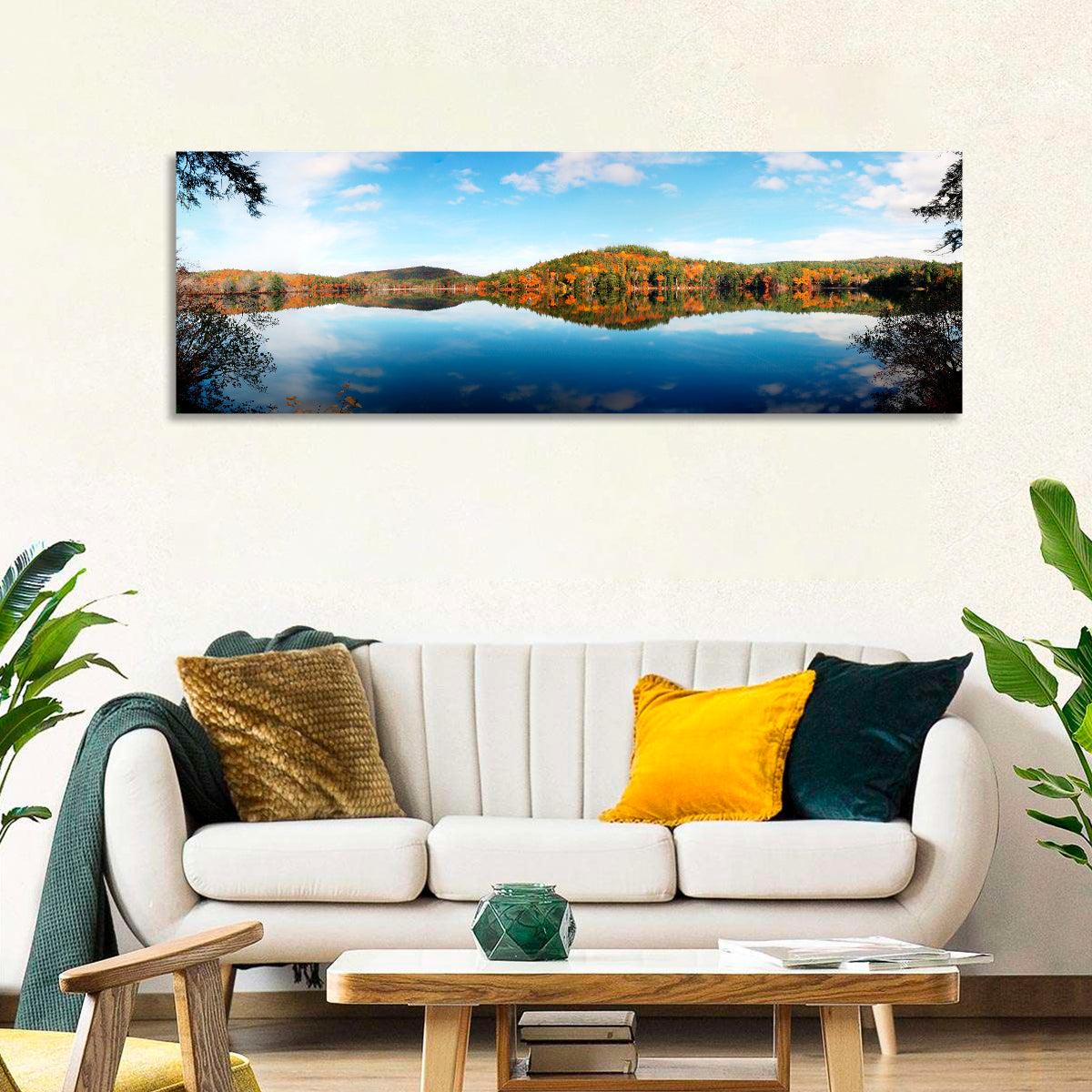 Vermont Lake Reflection Wall Art in a room, panoramic