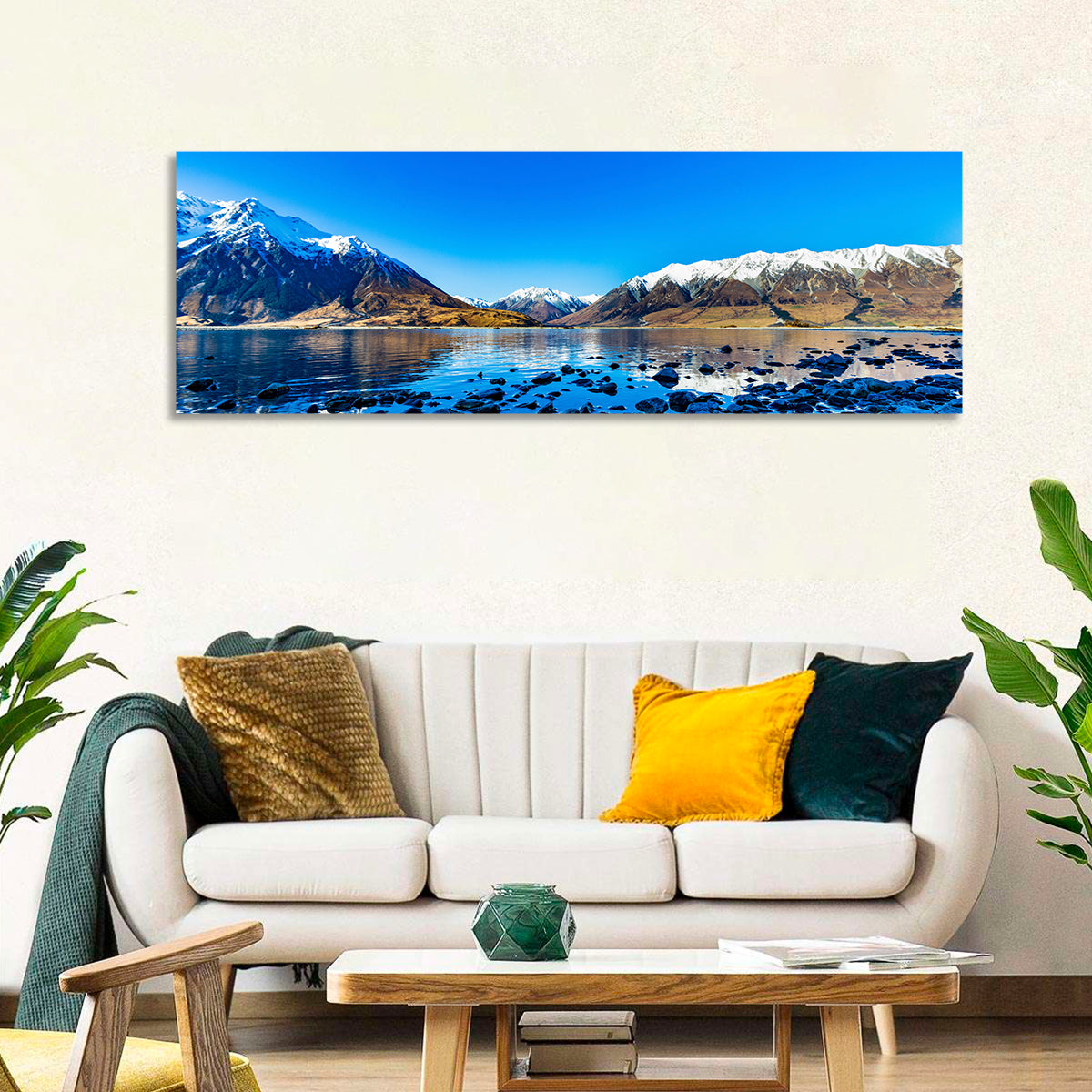 Lake Ohau Mountain Reflection Wall Art in a room, panoramic