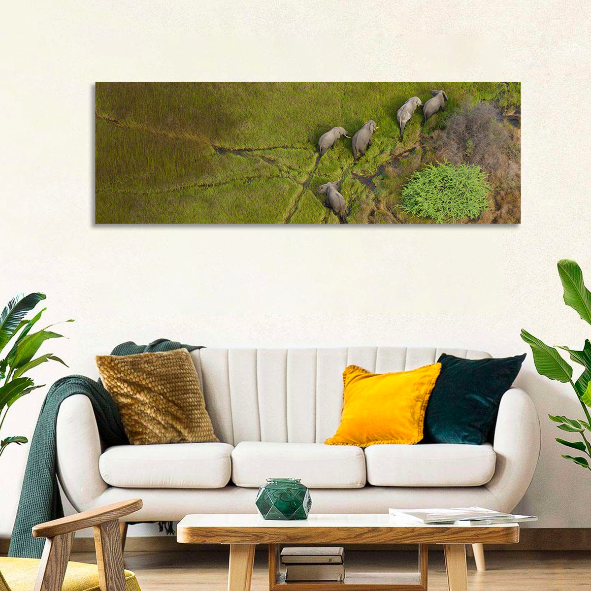 Aerial Herd of Elephants Wall Art in a room, panoramic