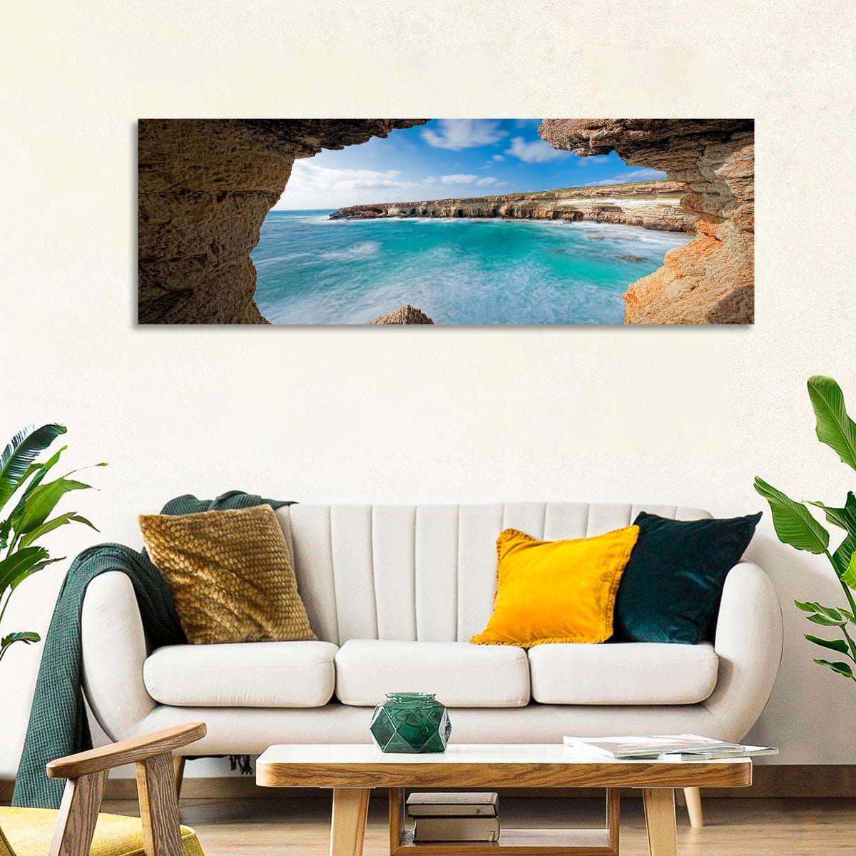 Cape Greko Sea Cave View Wall Art in a room, panoramic