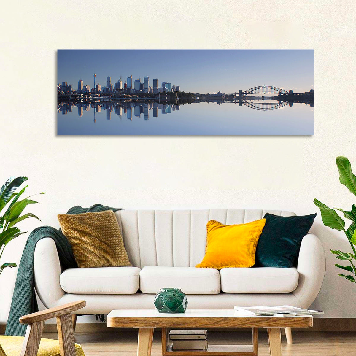 Sydney Harbour Reflection Wall Art in a room, panoramic