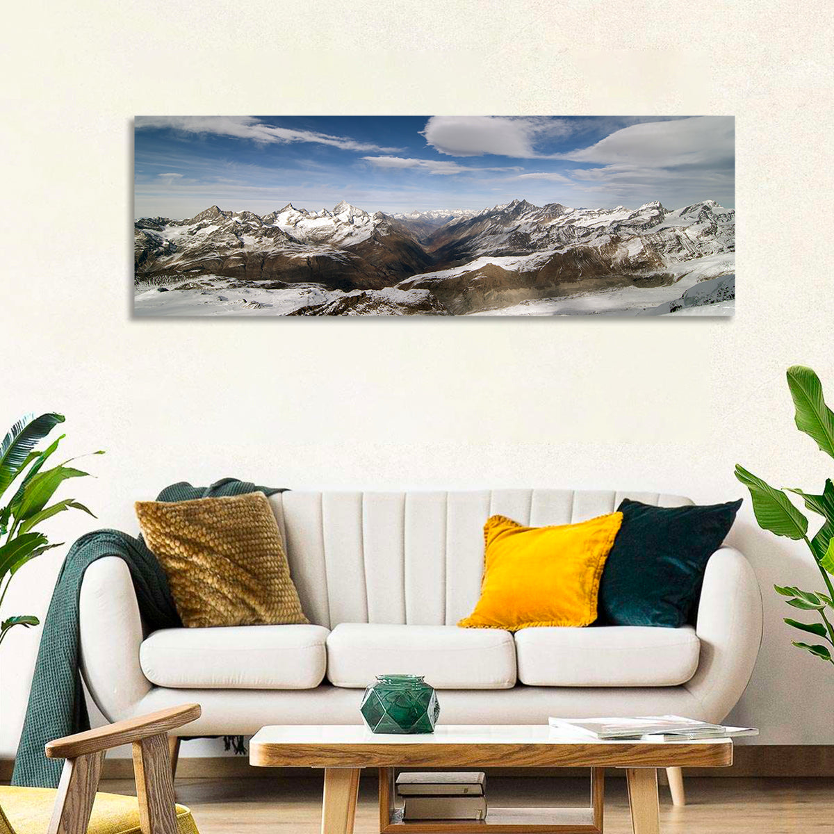 Snow-capped Peaks of Zermatt Wall Art in a room, panoramic