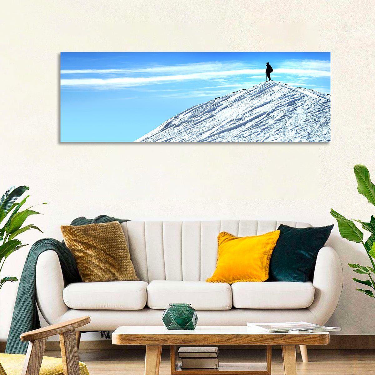 Mountaineer Summit Silhouette Wall Art in a room, panoramic