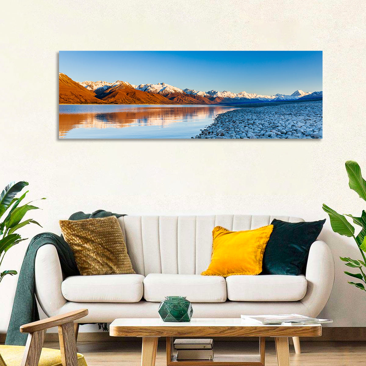 Lake Pukaki Sunset Reflection Wall Art in a room, panoramic