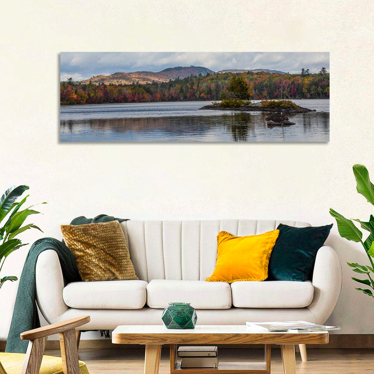 Lake Umbagog Autumn Reflection Wall Art in a room, panoramic