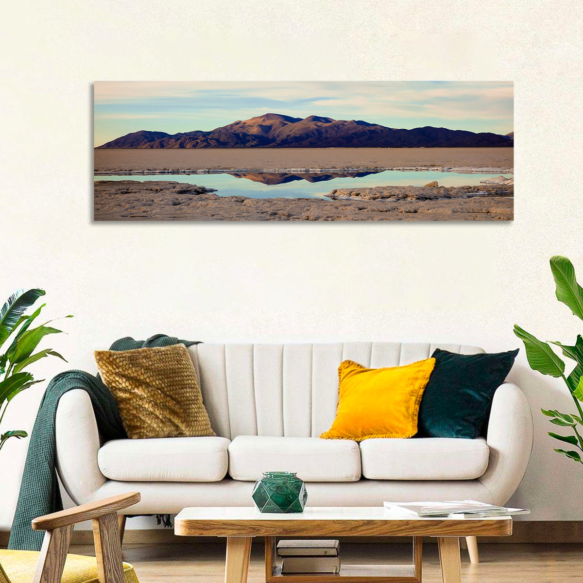 Salinas Grande Salt Flat Reflection Wall Art in a room, panoramic