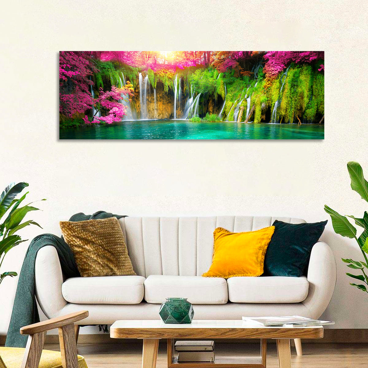 Plitvice Falls in Golden Light Wall Art in a room, panoramic