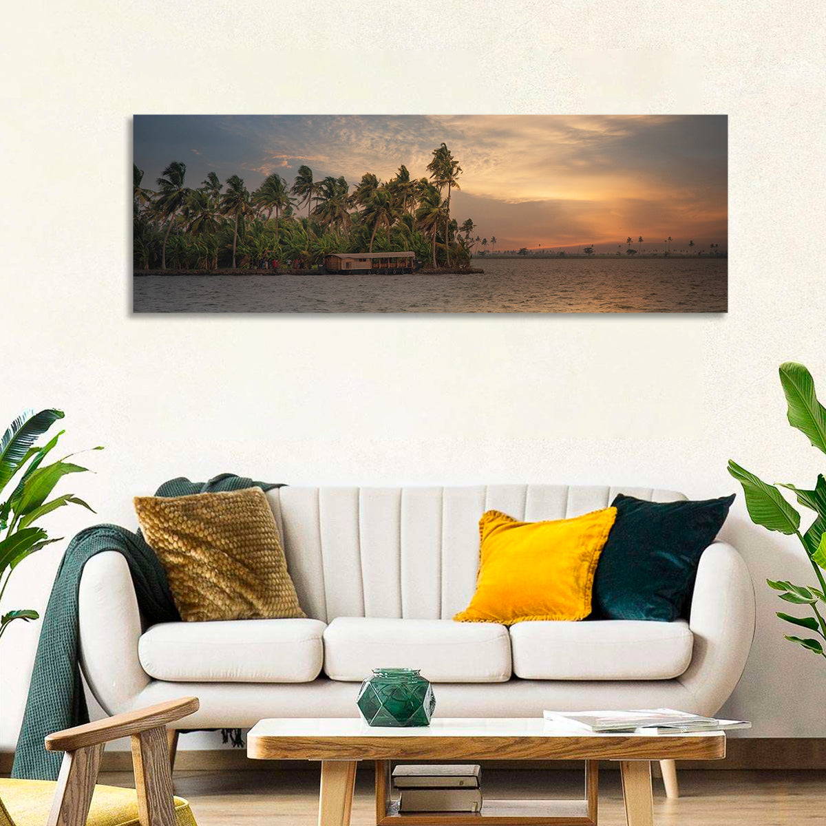Vembanad Lake Sunset Wall Art in a room, panoramic