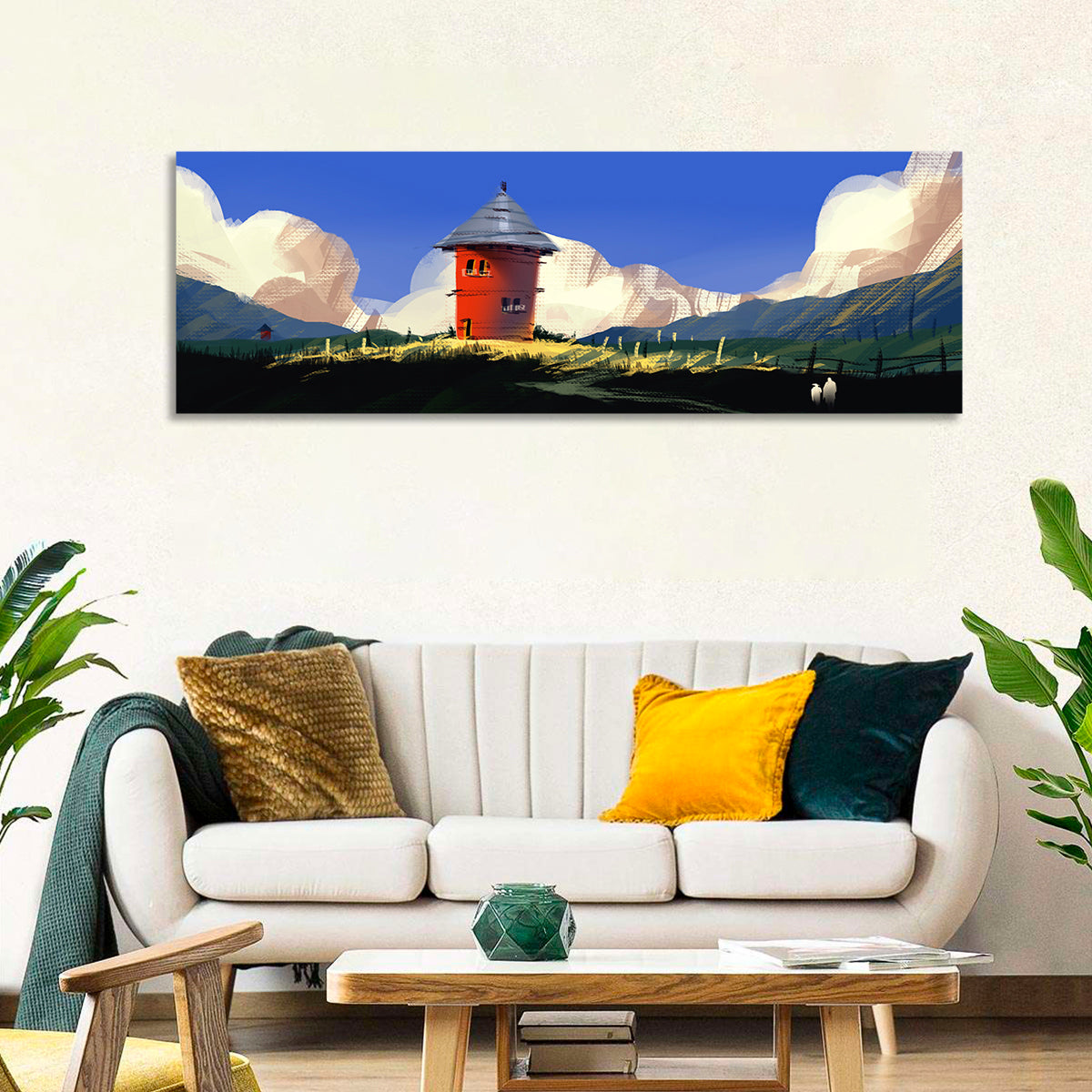 Red Tower in Meadow Wall Art in a room, panoramic