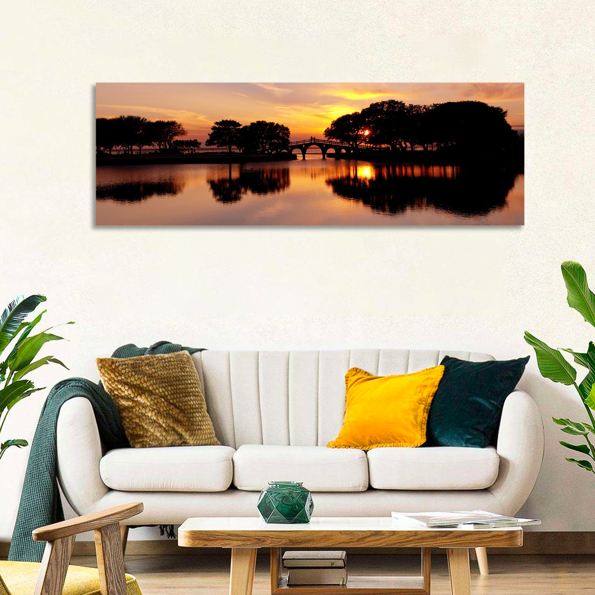 Tranquility Bridge at Sunset Wall Art in a room, panoramic