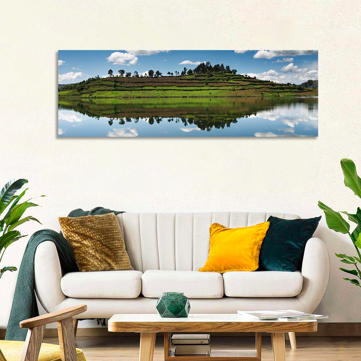 Bunyonyi Lake Reflection Wall Art in a room, panoramic