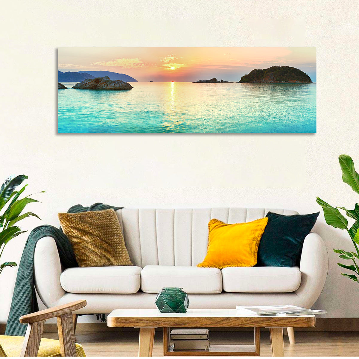 Con Dao Sunrise Over Turquoise Sea Wall Art in a room, panoramic