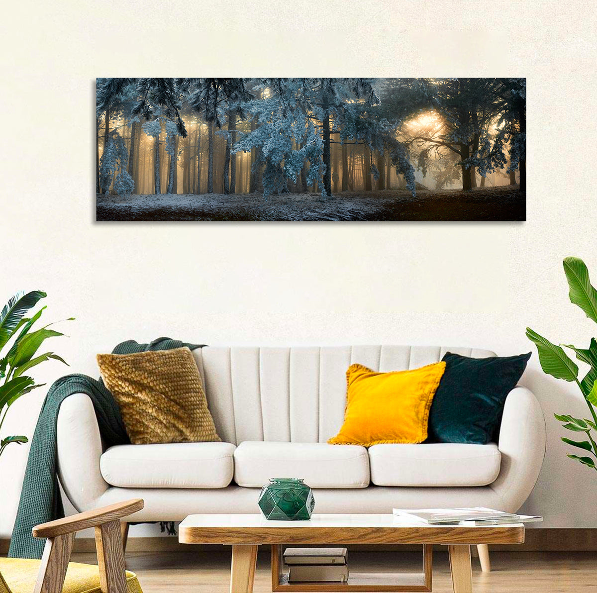 Sunlit Snow Covered Forest Wall Art in a room, panoramic