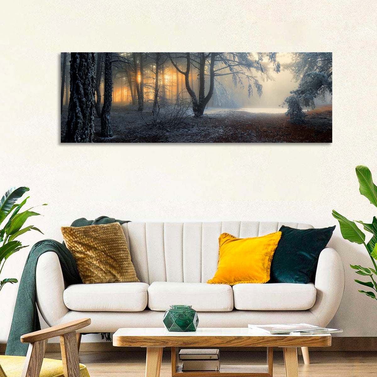 Frosted Forest Morning Light Wall Art in a room, panoramic
