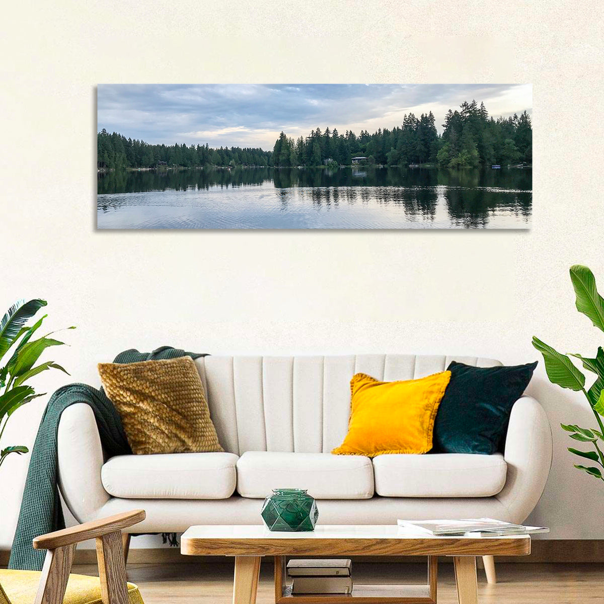 Beaver Lake Park Sunrise Reflection Wall Art in a room, panoramic