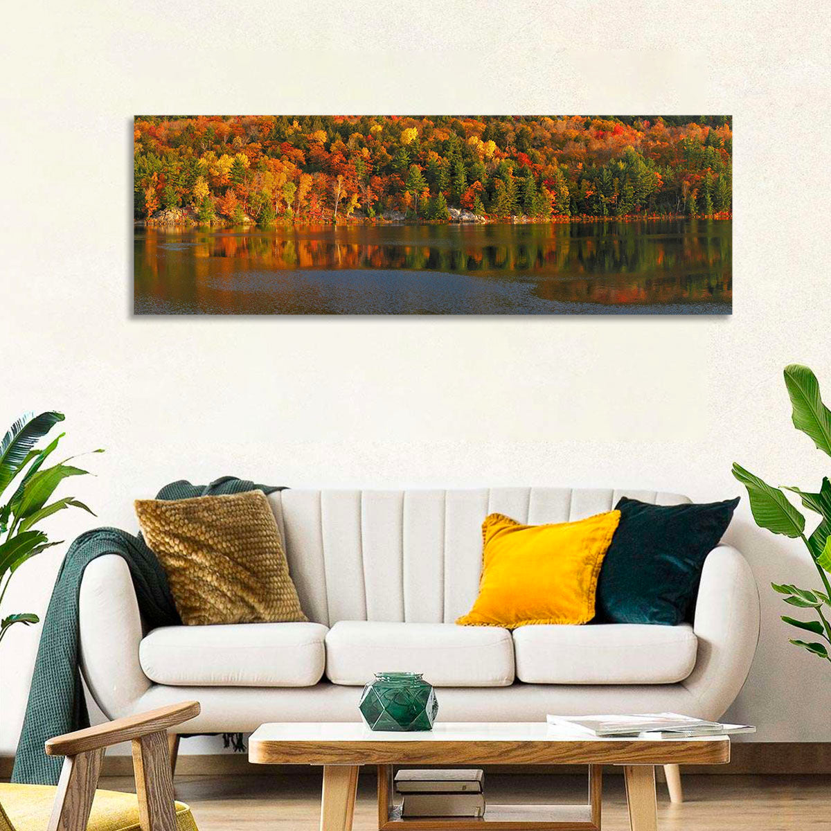 George Lake Morning Reflection Wall Art in a room, panoramic