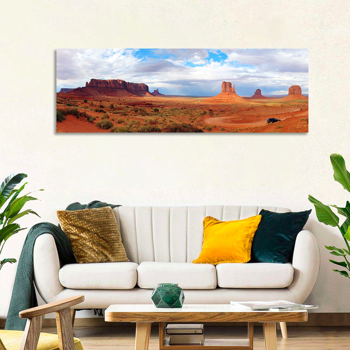 Mitten Buttes at Monument Valley Wall Art in a room, panoramic