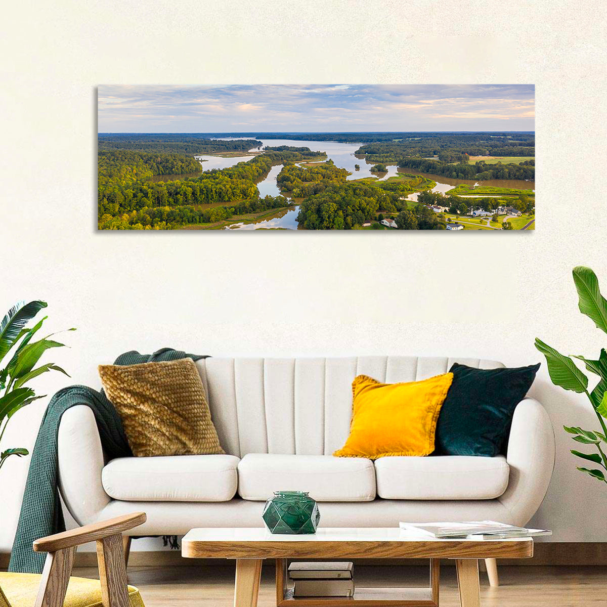 Lake Oconee Aerial Landscape Wall Art in a room, panoramic
