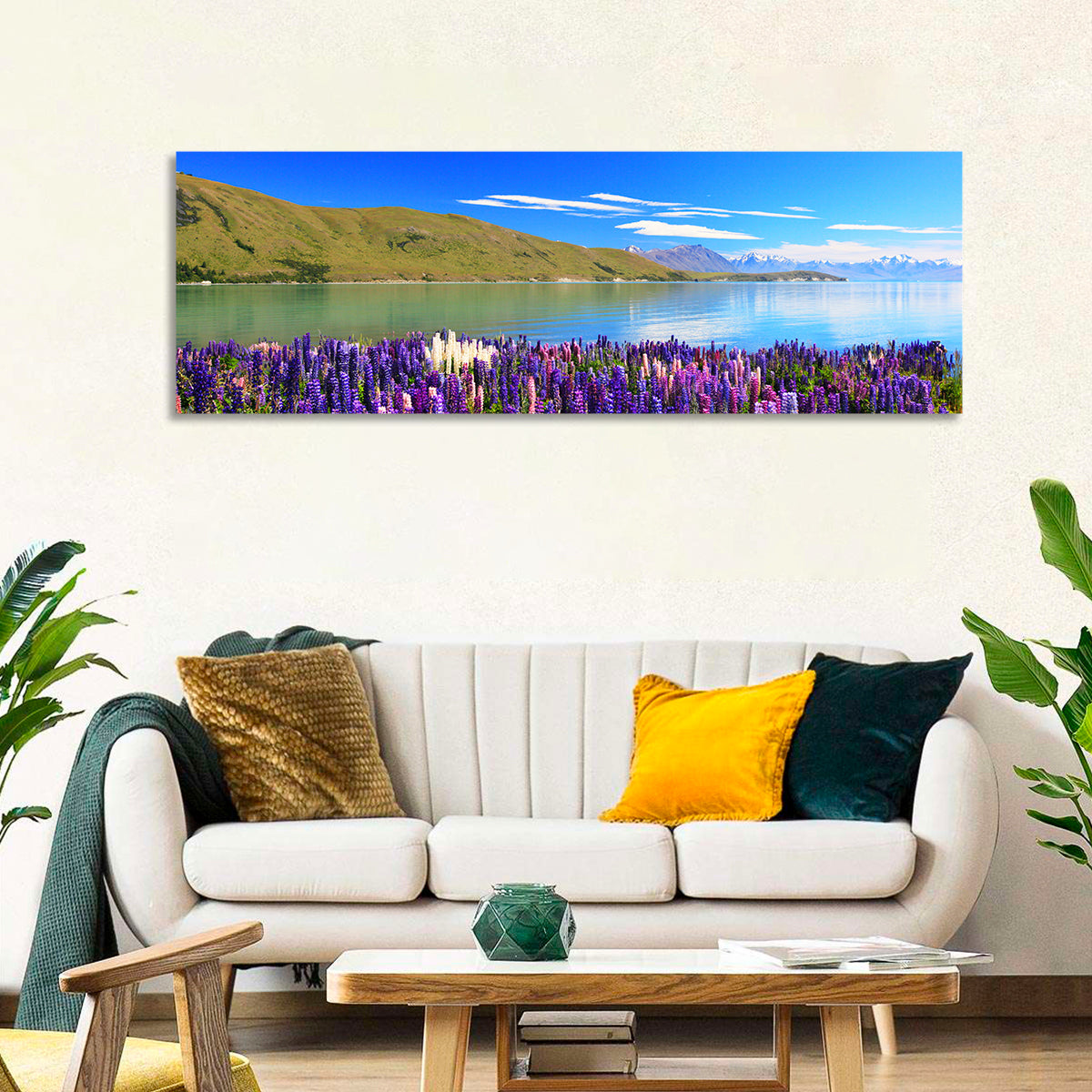 Lake Tekapo Lupine Fields Wall Art in a room, panoramic