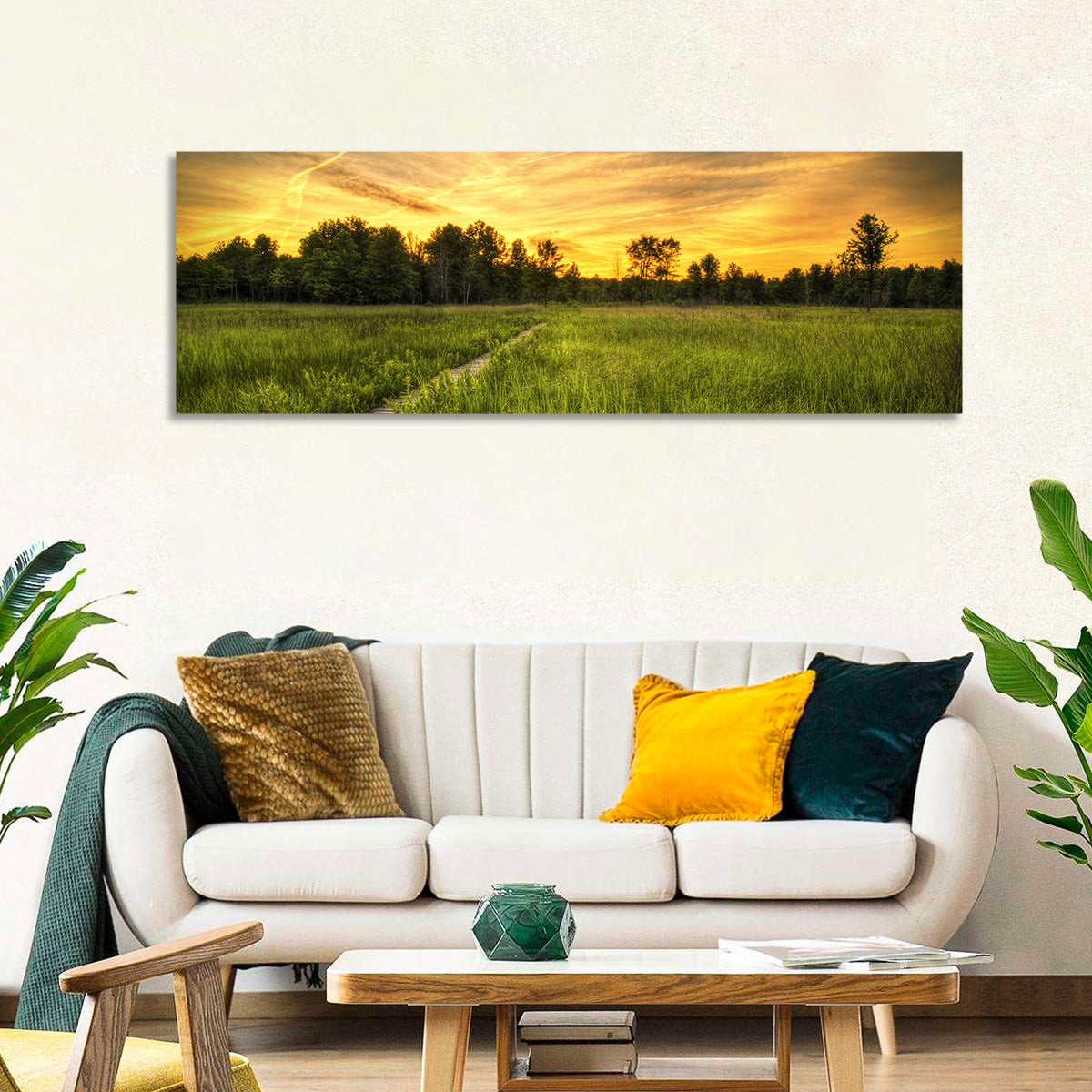 Irwin Prairie Boardwalk Sunset Wall Art in a room, panoramic