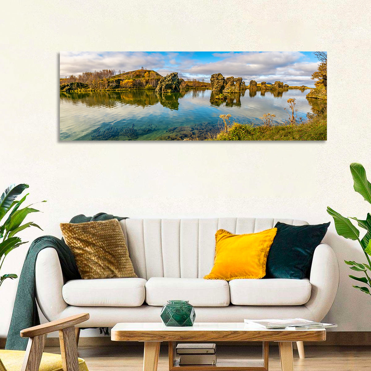 Myvatn Volcanic Rock Reflections Wall Art in a room, panoramic