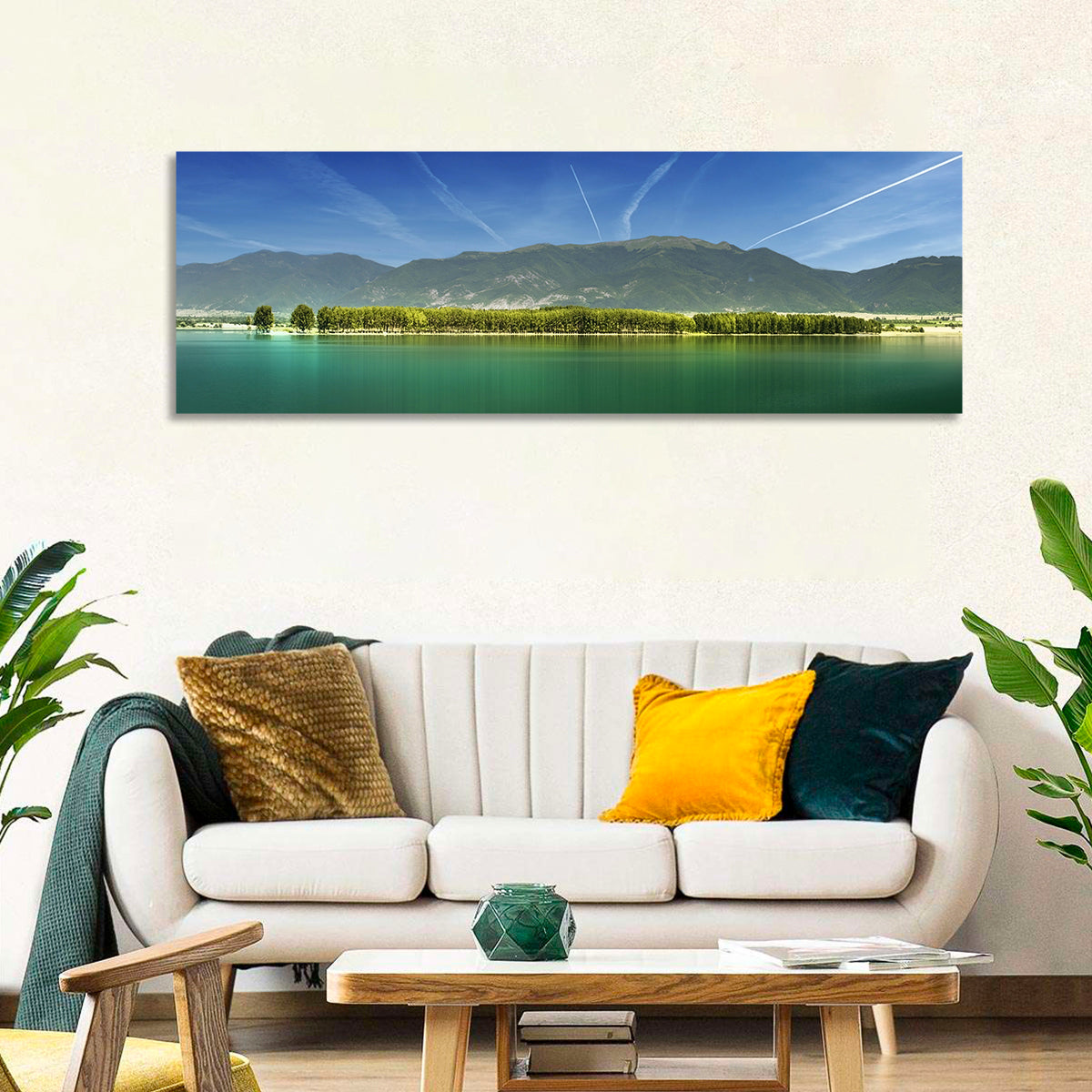 Koprinka Dam Reflections Wall Art in a room, panoramic