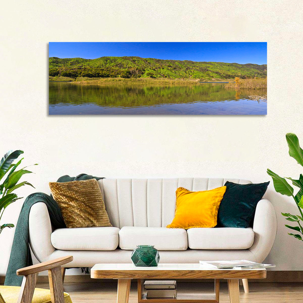 Santa Barbara Lake Reflection Wall Art in a room, panoramic