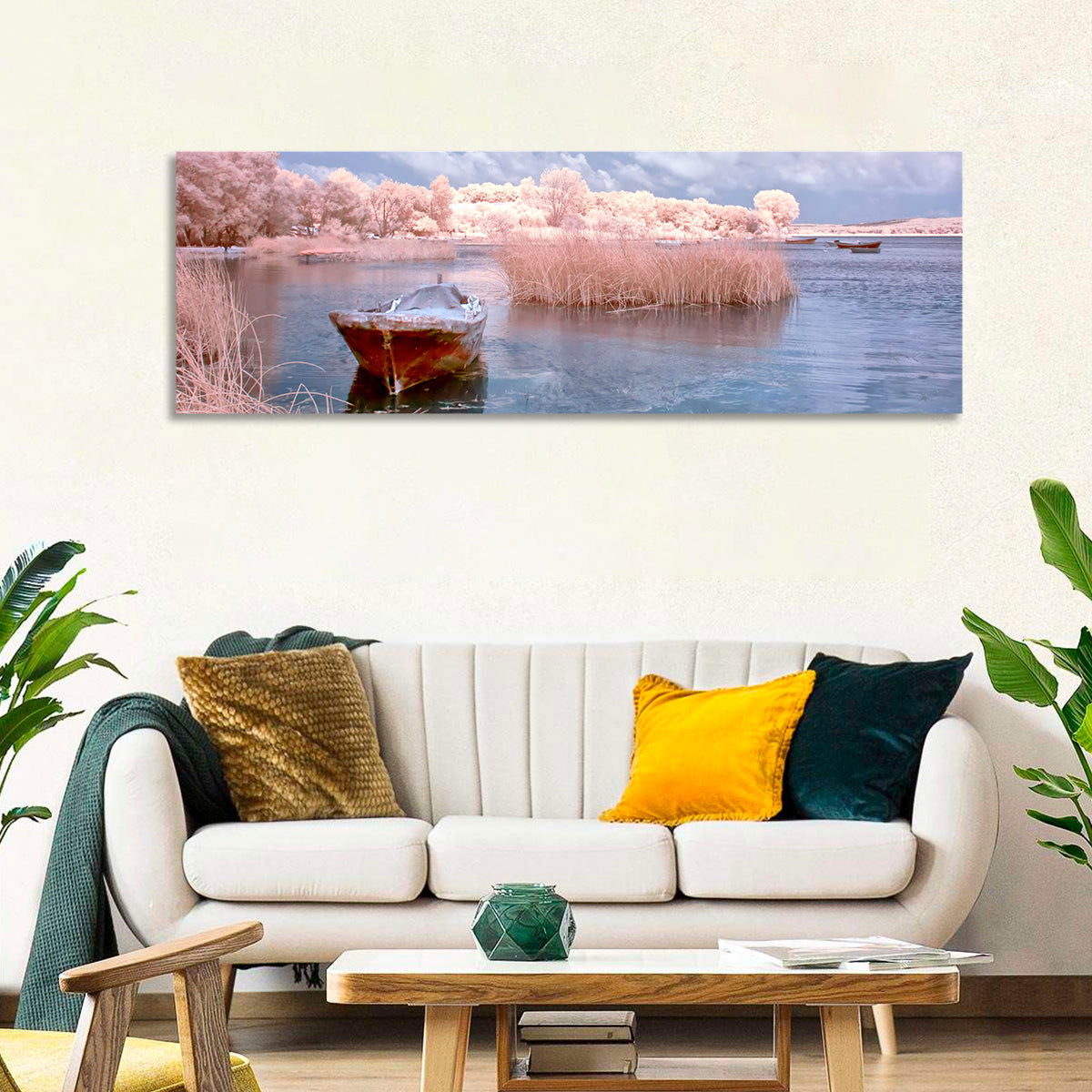 Golyazi Lake Boat Wall Art in a room, panoramic