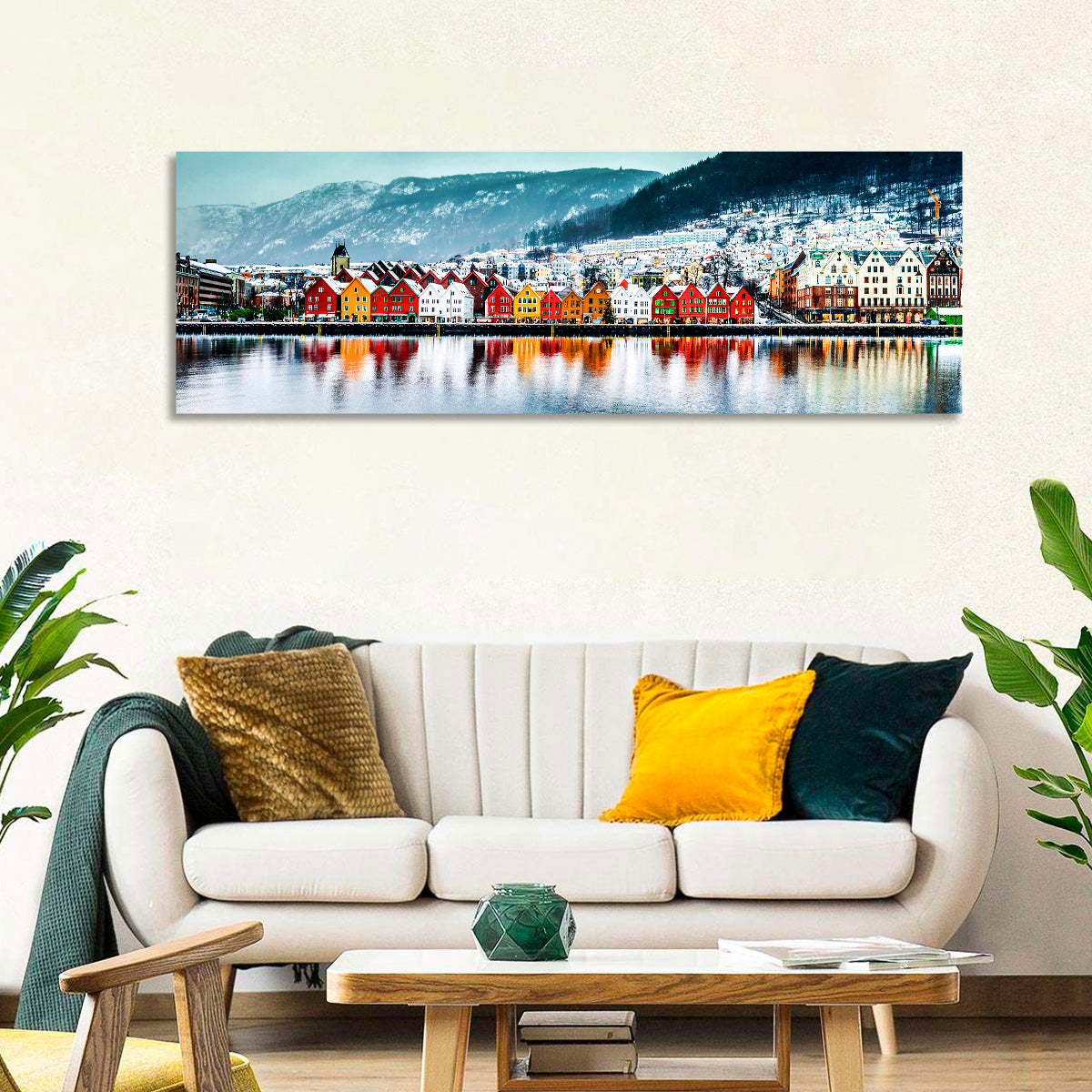 Bryggen Waterfront, Bergen Wall Art in a room, panoramic